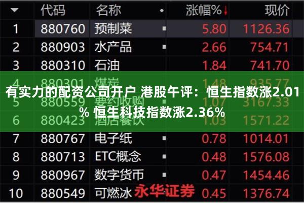 有实力的配资公司开户 港股午评：恒生指数涨2.01% 恒生科技指数涨2.36%